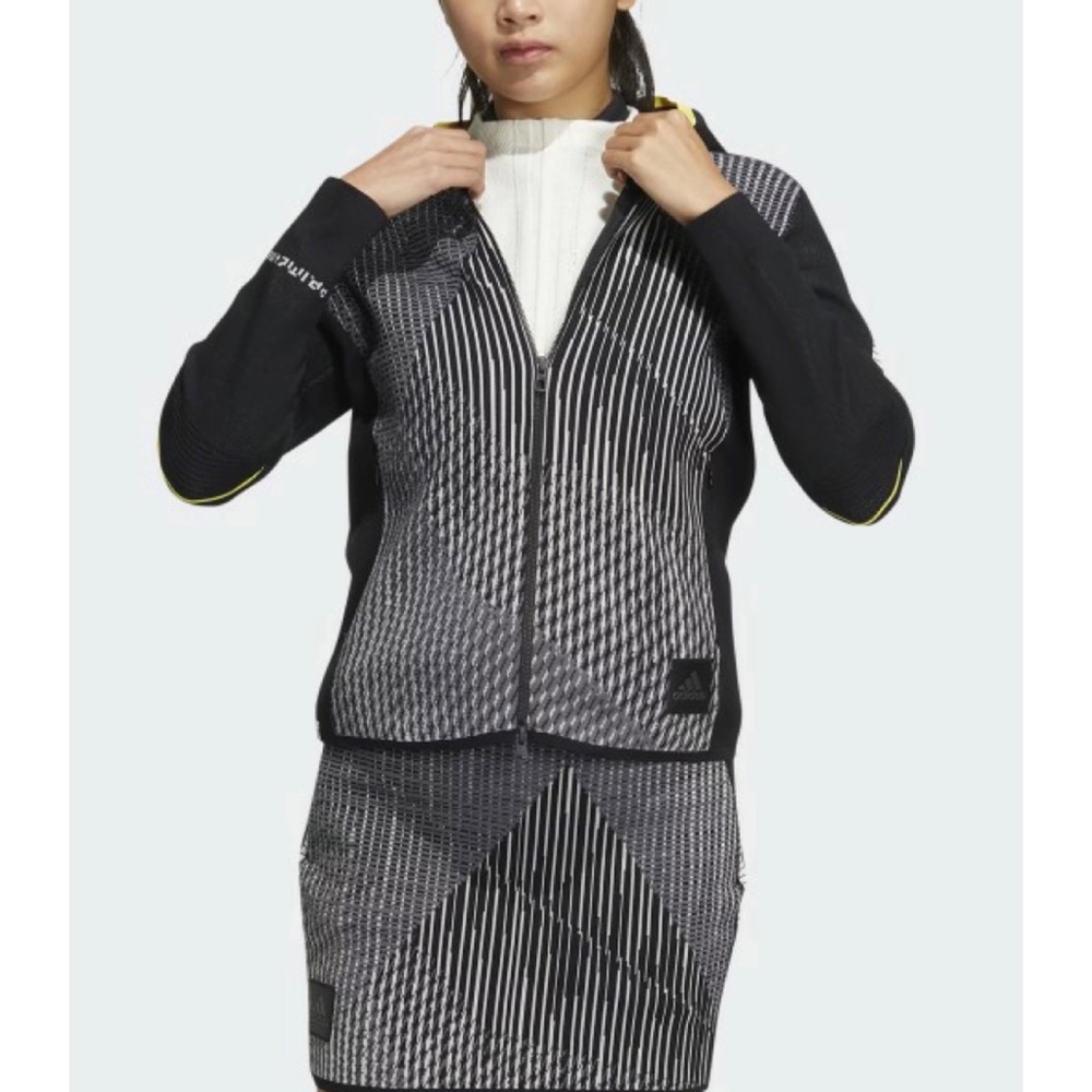 ADIDAS • Black/White/Grey/Yellow Abstract Print Full-Zip Hooded Knit Jacket, S - Picture 15 of 16